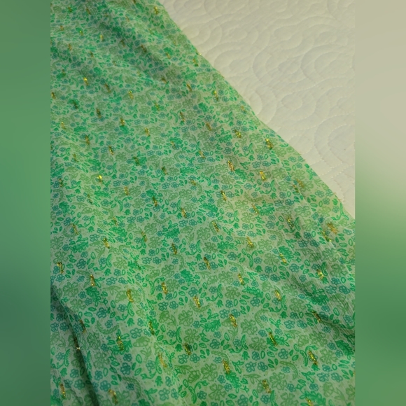 Joie | Mock Neck Floral Chiffon Cap Sleeve Blouse | Mint Green & Gold | Large - Picture 4 of 11